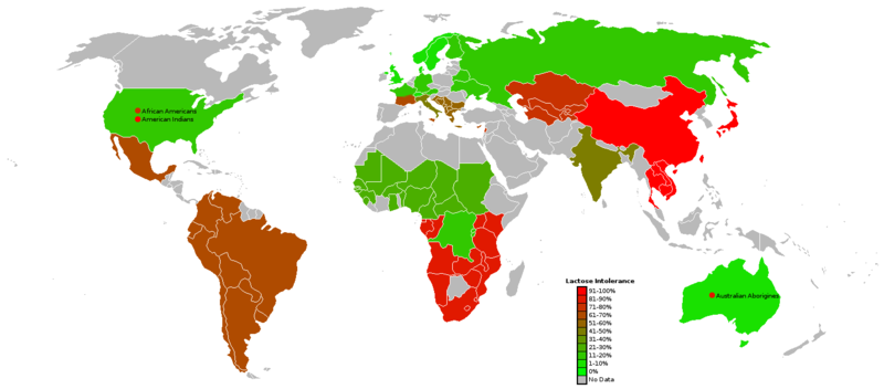 World Lactose Intolerance Map - Source: Wikipedia